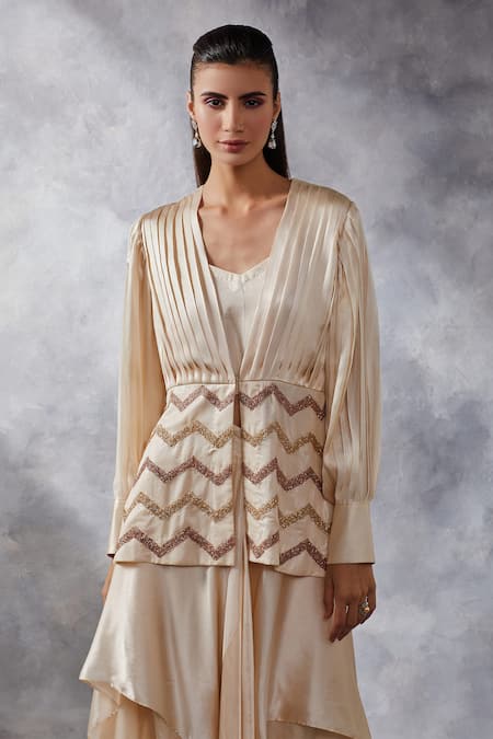 Buy_Siyona By Ankurita_Ivory Satin, Silk Sequins V-neck Embroidered Jacket Skirt Set _Online_at_Aza_Fashions