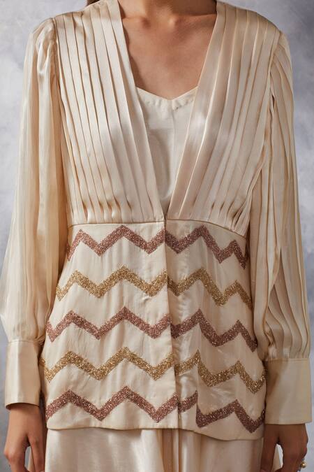 Shop_Siyona By Ankurita_Ivory Satin, Silk Sequins V-neck Embroidered Jacket Skirt Set _Online_at_Aza_Fashions