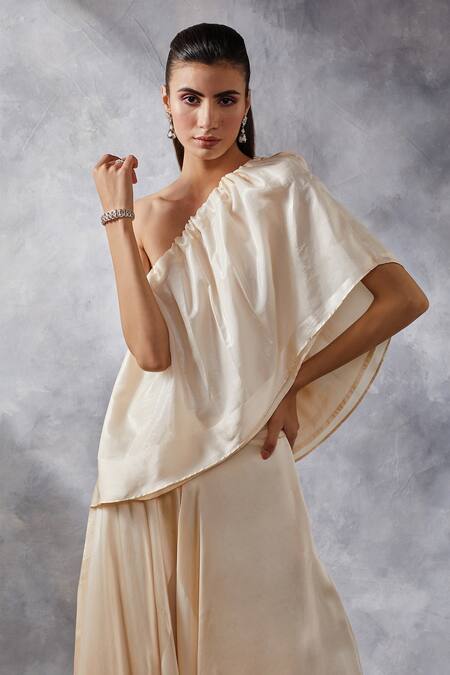 Shop_Siyona By Ankurita_Ivory Satin, Silk One Shoulder Top And Dhoti Pant Set _Online_at_Aza_Fashions