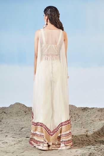 Shop Siyona By Ankurita Ivory Organza Embellished Geometric Notched V Neck Cape Pant Set at Aza Fashions Shop_Siyona By Ankurita_Ivory Organza Embellished Geometric Notched V Neck Cape Pant Set _at_Aza_Fashions