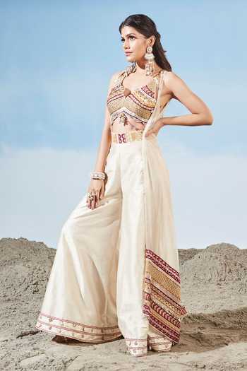 Shop Siyona By Ankurita Ivory Organza Embellished Geometric Notched V Neck Cape Pant Set Online at Aza Fashions Shop_Siyona By Ankurita_Ivory Organza Embellished Geometric Notched V Neck Cape Pant Set _Online_at_Aza_Fashions