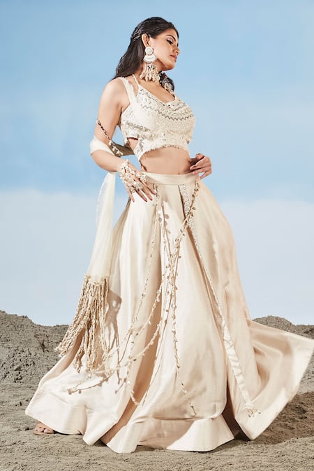 Siyona By Ankurita Grey Organza, Silk Embroidery V-neck Embrodiered Blouse Lehenga Skirt Set Online at Aza Fashions Siyona By Ankurita_Grey Organza, Silk Embroidery V-neck Embrodiered Blouse Lehenga Skirt Set _Online_at_Aza_Fashions