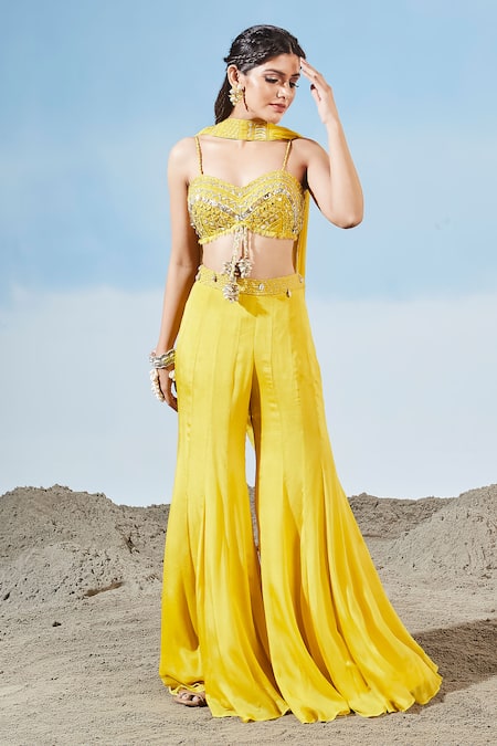 Siyona By Ankurita Yellow Georgette, Chiffon, Chanderi Beads, Embroidered Blouse Sharara Set 