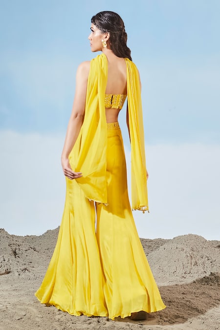 Shop Siyona By Ankurita Yellow Georgette, Chiffon, Chanderi Beads, Embroidered Blouse Sharara Set at Aza Fashions Shop_Siyona By Ankurita_Yellow Georgette, Chiffon, Chanderi Beads, Embroidered Blouse Sharara Set _at_Aza_Fashions