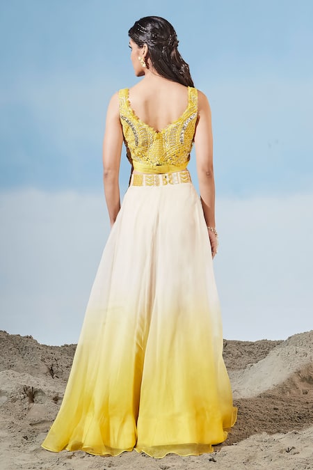 Shop Siyona By Ankurita Yellow Semi Raw Silk Embrodiered Geometric Notched V Blouse Lehenga Skirt Set at Aza Fashions Shop_Siyona By Ankurita_Yellow Semi Raw Silk Embrodiered Geometric Notched V Blouse Lehenga Skirt Set _at_Aza_Fashions