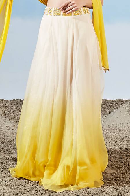 Siyona By Ankurita Yellow Semi Raw Silk Embrodiered Geometric Notched V Blouse Lehenga Skirt Set Online at Aza Fashions Siyona By Ankurita_Yellow Semi Raw Silk Embrodiered Geometric Notched V Blouse Lehenga Skirt Set _Online_at_Aza_Fashions