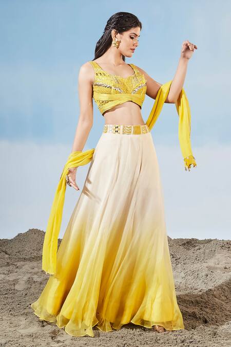 Buy Siyona By Ankurita Yellow Semi Raw Silk Embrodiered Geometric Notched V Blouse Lehenga Skirt Set Online at Aza Fashions Buy_Siyona By Ankurita_Yellow Semi Raw Silk Embrodiered Geometric Notched V Blouse Lehenga Skirt Set _Online_at_Aza_Fashions