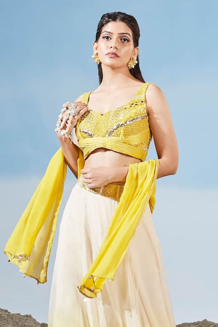 Shop Siyona By Ankurita Yellow Semi Raw Silk Embrodiered Geometric Notched V Blouse Lehenga Skirt Set Online at Aza Fashions Shop_Siyona By Ankurita_Yellow Semi Raw Silk Embrodiered Geometric Notched V Blouse Lehenga Skirt Set _Online_at_Aza_Fashions