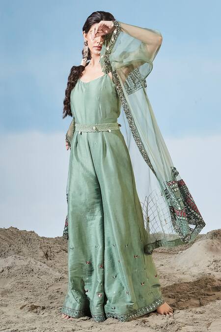Buy_Siyona By Ankurita_Green Oraganza Embrodiered Geometric V Neck Jumpsuit And Cape Set _Online_at_Aza_Fashions