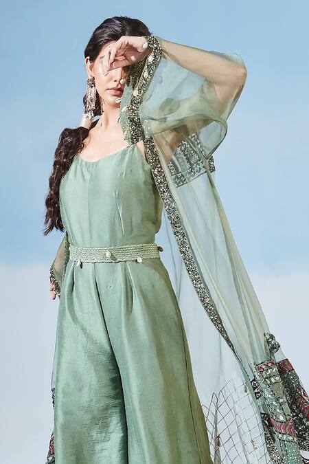 Shop_Siyona By Ankurita_Green Oraganza Embrodiered Geometric V Neck Jumpsuit And Cape Set _Online_at_Aza_Fashions