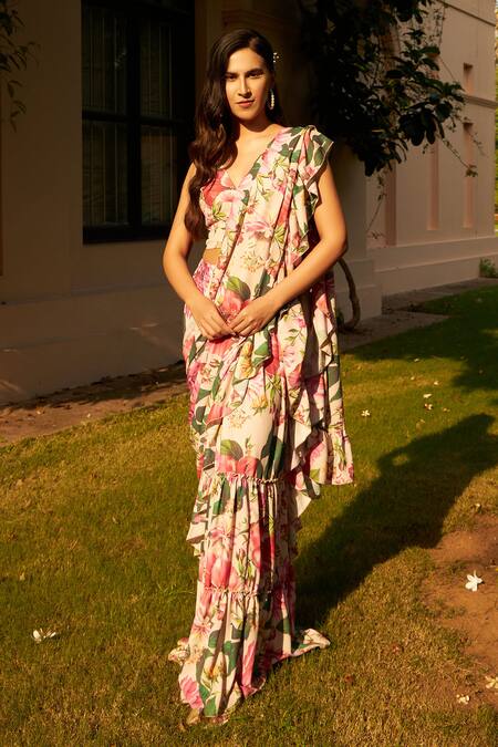 Tasuvure Indes_Multi Color Georgette Embroidery V-neck Floral Ruffle Pre-draped Saree Set _Online_at_Aza_Fashions