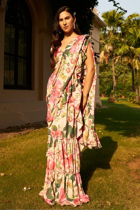 Tasuvure Indes_Multi Color Georgette Embroidery V-neck Floral Ruffle Pre-draped Saree Set _at_Aza_Fashions