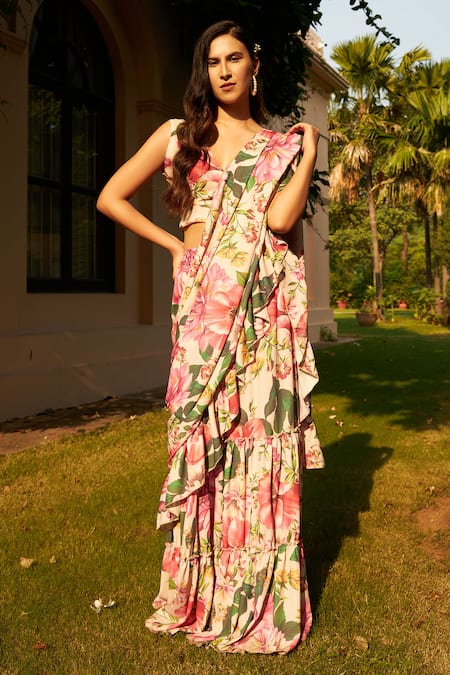 Buy_Tasuvure Indes_Multi Color Georgette Embroidery V-neck Floral Ruffle Pre-draped Saree Set 