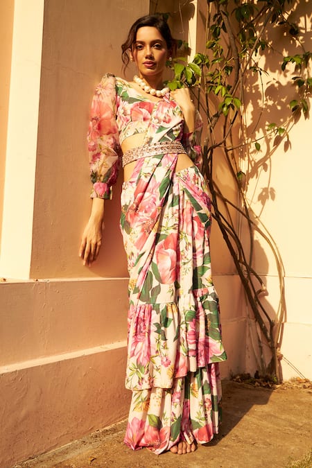 Shop_Tasuvure Indes_Multi Color Georgette Blossom Pattern Pre-draped Ruffle Saree With Blouse _Online_at_Aza_Fashions
