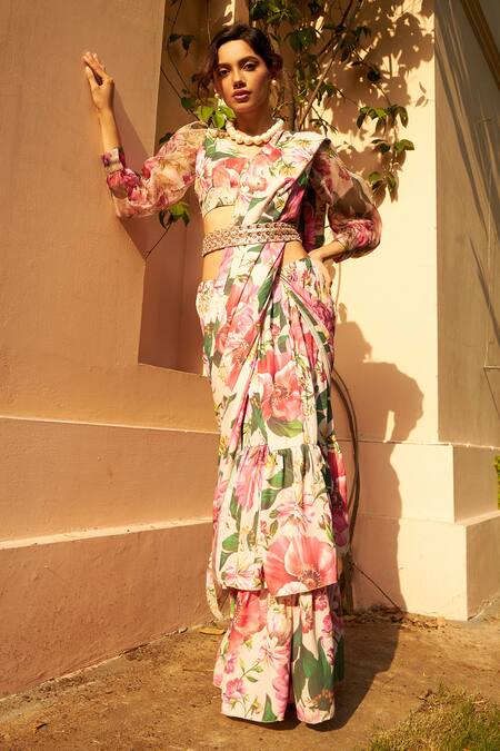 Tasuvure Indes_Multi Color Georgette Blossom Pattern Pre-draped Ruffle Saree With Blouse _at_Aza_Fashions