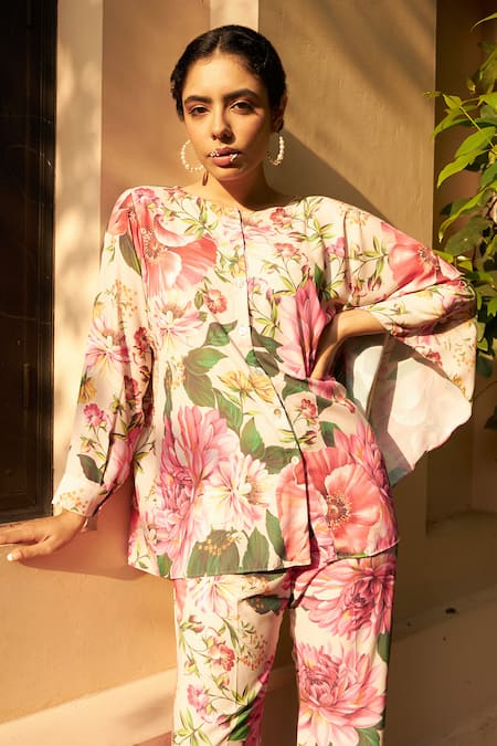 Buy_Tasuvure_Multi Color Georgette Round Floral Pattern Kaftan Shirt With Bell Bottom Pant 