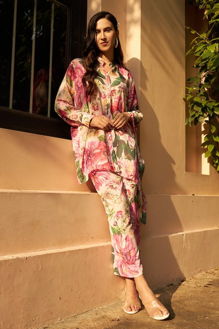 Buy Tasuvure Multi Color Georgette Mandarin Collar Garden Print Kaftan Shirt With Pant Online at Aza Fashions Buy_Tasuvure_Multi Color Georgette Mandarin Collar Garden Print Kaftan Shirt With Pant _Online_at_Aza_Fashions