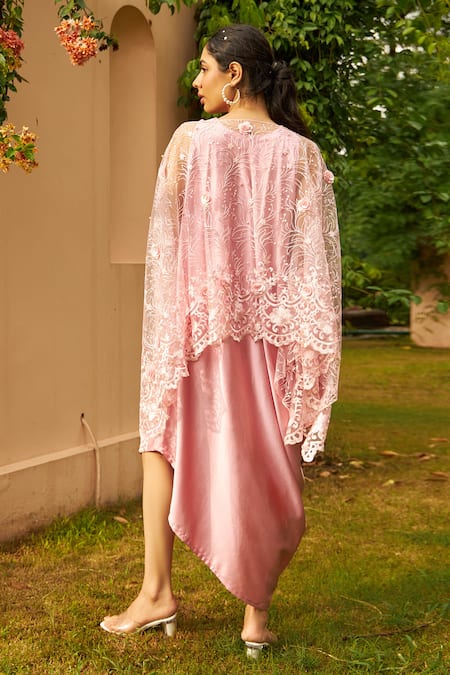 Shop Tasuvure Pink Floral Embroidered Cape And Asymmetric Dress at Aza Fashions Shop_Tasuvure_Pink Floral Embroidered Cape And Asymmetric Dress _at_Aza_Fashions