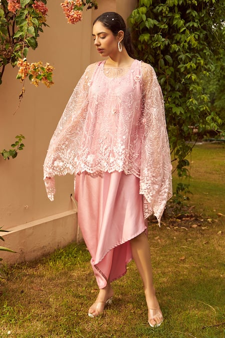 Tasuvure Pink Floral Embroidered Cape And Asymmetric Dress Online at Aza Fashions Tasuvure_Pink Floral Embroidered Cape And Asymmetric Dress _Online_at_Aza_Fashions