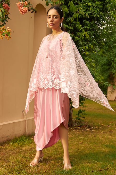 Buy Tasuvure Pink Floral Embroidered Cape And Asymmetric Dress Online at Aza Fashions Buy_Tasuvure_Pink Floral Embroidered Cape And Asymmetric Dress _Online_at_Aza_Fashions