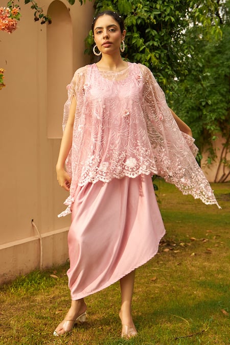 Shop Tasuvure Pink Floral Embroidered Cape And Asymmetric Dress Online at Aza Fashions Shop_Tasuvure_Pink Floral Embroidered Cape And Asymmetric Dress _Online_at_Aza_Fashions