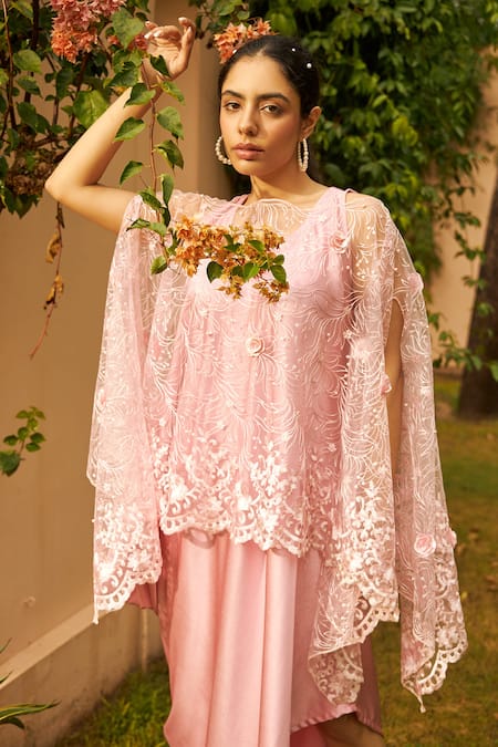 Buy Tasuvure Pink Floral Embroidered Cape And Asymmetric Dress Buy_Tasuvure_Pink Floral Embroidered Cape And Asymmetric Dress