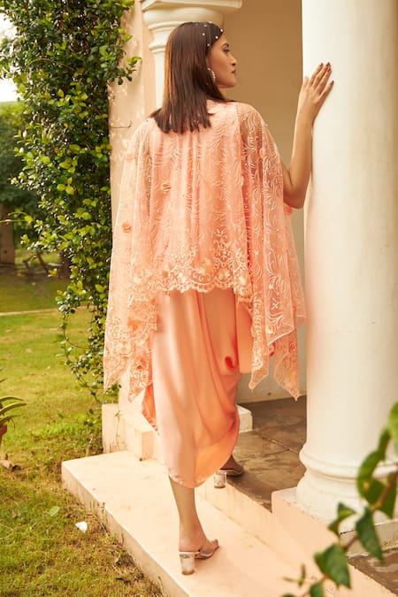 Shop Tasuvure Peach Floral Embroidered Cape And Slip Dress at Aza Fashions Shop_Tasuvure_Peach Floral Embroidered Cape And Slip Dress _at_Aza_Fashions