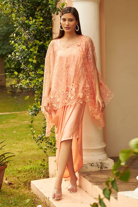 Buy Tasuvure Peach Floral Embroidered Cape And Slip Dress Online at Aza Fashions Buy_Tasuvure_Peach Floral Embroidered Cape And Slip Dress _Online_at_Aza_Fashions