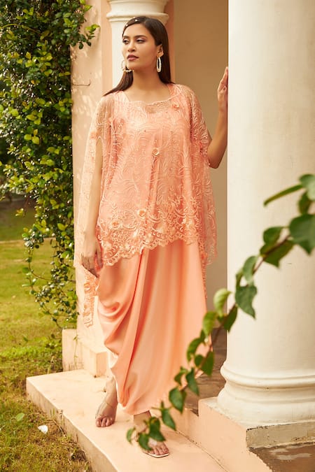 Shop Tasuvure Peach Floral Embroidered Cape And Slip Dress Online at Aza Fashions Shop_Tasuvure_Peach Floral Embroidered Cape And Slip Dress _Online_at_Aza_Fashions