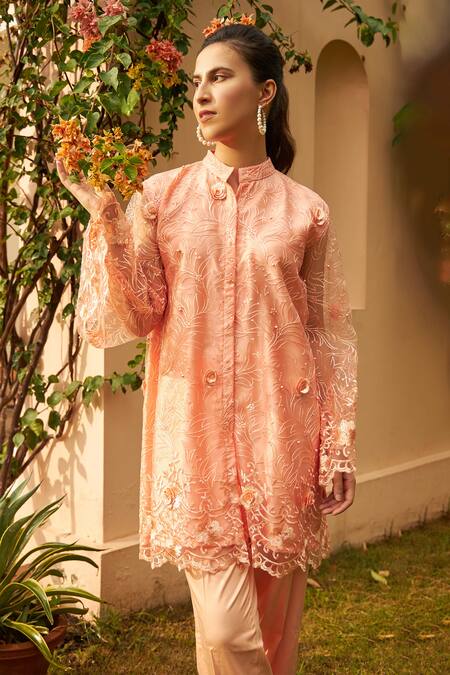 Tasuvure Indes_Peach Satin, Net, Silk Applique, Floral Thread Embroidered Tunic With Pant _Online_at_Aza_Fashions