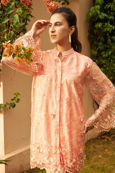 Buy_Tasuvure Indes_Peach Satin, Net, Silk Applique, Floral Thread Embroidered Tunic With Pant _Online_at_Aza_Fashions