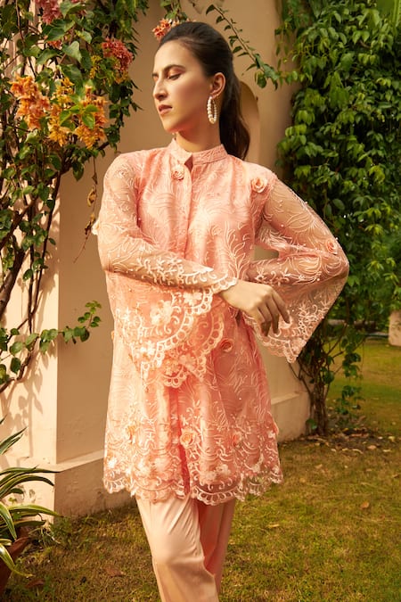 Tasuvure Indes_Peach Satin, Net, Silk Applique, Floral Thread Embroidered Tunic With Pant _at_Aza_Fashions