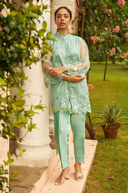 Buy_Tasuvure Indes_Green Satin, Silk, Net Applique, Pearls Floral Embroidered Tunic And Pant Set_Online_at_Aza_Fashions
