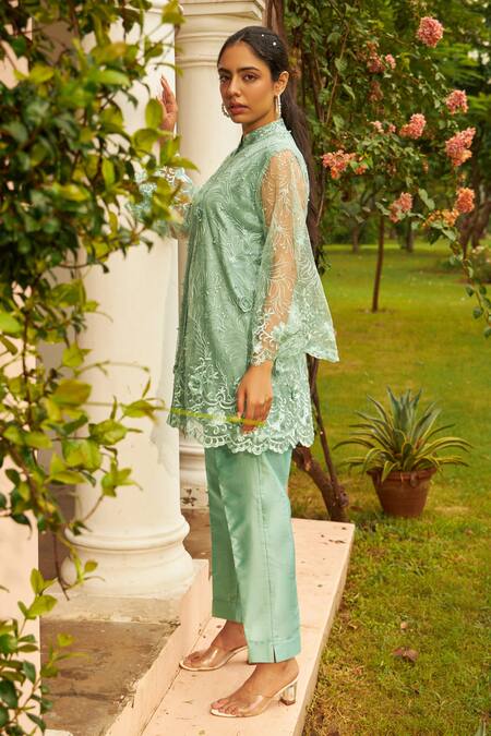 Shop_Tasuvure Indes_Green Satin, Silk, Net Applique, Pearls Floral Embroidered Tunic And Pant Set_Online_at_Aza_Fashions