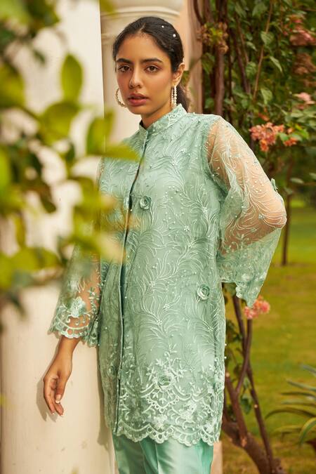 Tasuvure Indes_Green Satin, Silk, Net Applique, Pearls Floral Embroidered Tunic And Pant Set_at_Aza_Fashions