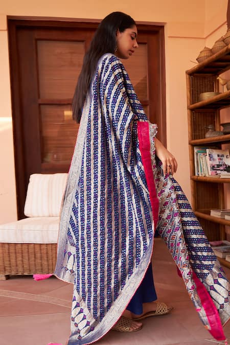 Shop Tasuvure Indes Blue Organza, Polyester Tassels Mandarin Myra Kurta Set With Bandhani Dupatta at Aza Fashions Shop_Tasuvure Indes_Blue Organza, Polyester Tassels Mandarin Myra Kurta Set With Bandhani Dupatta_at_Aza_Fashions