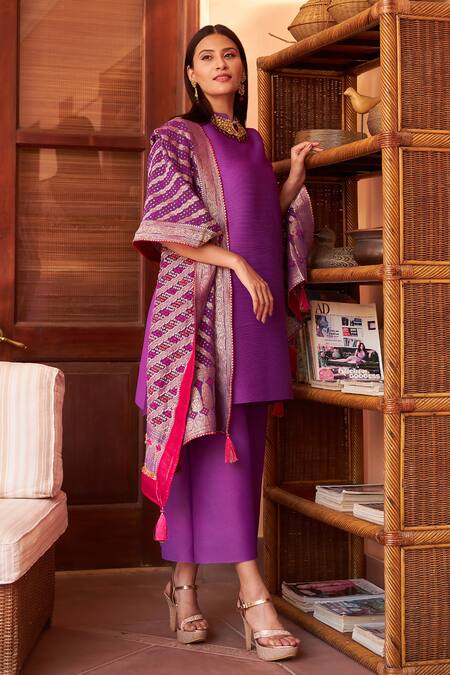Buy_Tasuvure Indes_Purple Organza, Pashmina, Polyester Tassels Mandarin Myra Pleated Kurta Pant Set_Online_at_Aza_Fashions