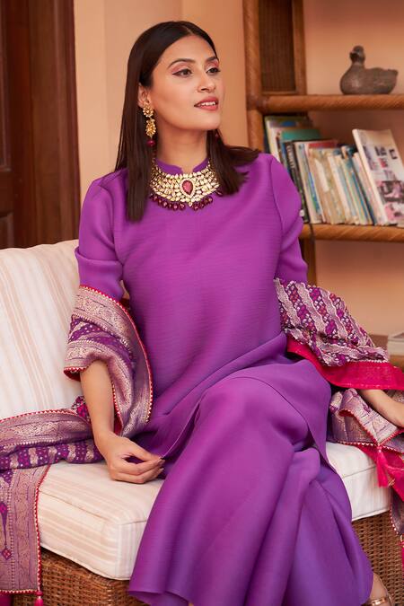 Tasuvure Indes_Purple Organza, Pashmina, Polyester Tassels Mandarin Myra Pleated Kurta Pant Set_at_Aza_Fashions