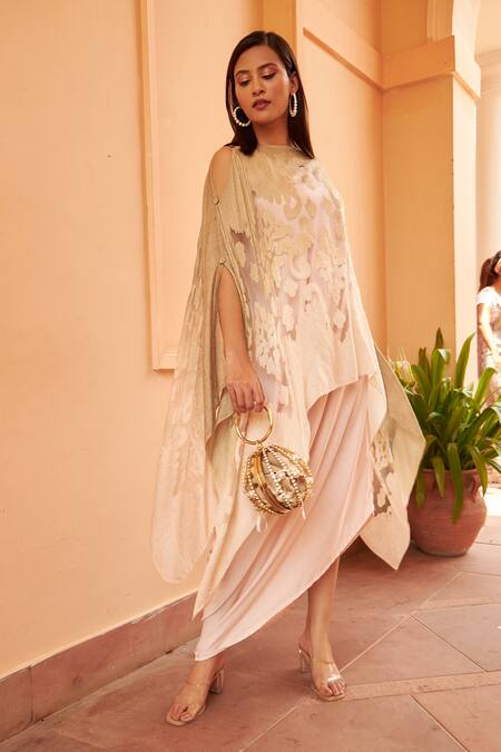 Tasuvure Indes_Green Damask Work Cape And Slip Dress Set_at_Aza_Fashions