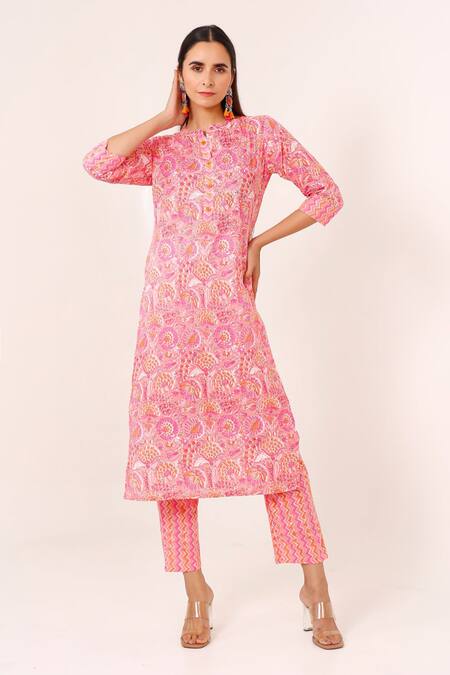 Pheeta Peach Cotton Hand Printed And Embellished Botanical Kurta & Pant Set 