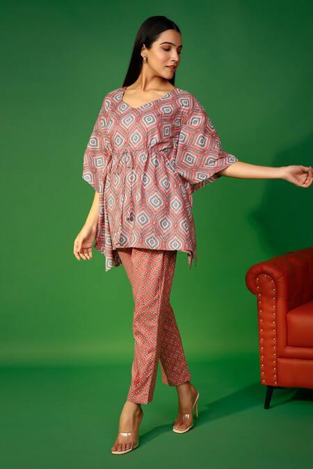 Pheeta_Brown Cotton Hand Printed Ogee And Floral Kaftan & Pant Nightwear Set _Online_at_Aza_Fashions