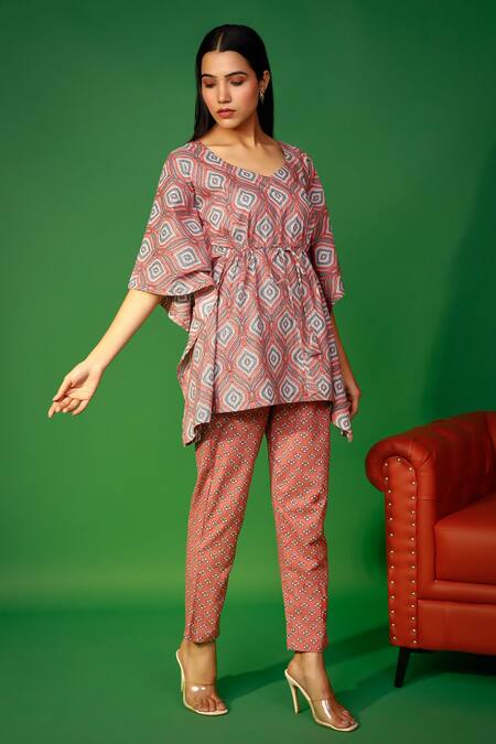 Buy_Pheeta_Brown Cotton Hand Printed Ogee And Floral Kaftan & Pant Nightwear Set _Online_at_Aza_Fashions