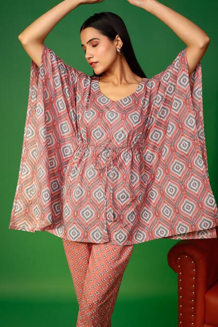 Pheeta_Brown Cotton Hand Printed Ogee And Floral Kaftan & Pant Nightwear Set _at_Aza_Fashions