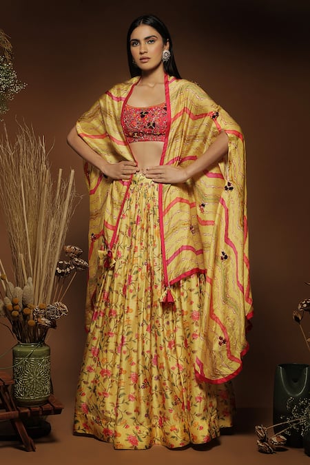 Label Ne'chi Yellow Silk Floral And Mirror Work Scoop Lehenga Set 