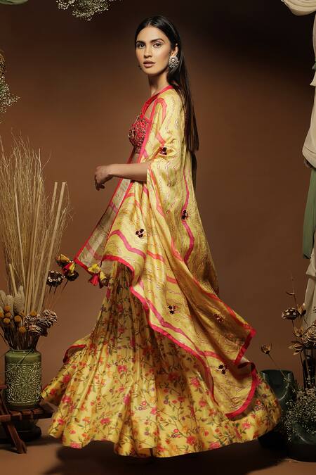 Shop Label NE'Chi Yellow Silk, Linen Mirrors, Embroidery Scoop Neck Floral Work Lehenga Set at Aza Fashions Shop_Label NE'Chi_Yellow Silk, Linen Mirrors, Embroidery Scoop Neck Floral Work Lehenga Set_at_Aza_Fashions