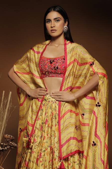 Label NE'Chi Yellow Silk, Linen Mirrors, Embroidery Scoop Neck Floral Work Lehenga Set Online at Aza Fashions Label NE'Chi_Yellow Silk, Linen Mirrors, Embroidery Scoop Neck Floral Work Lehenga Set_Online_at_Aza_Fashions