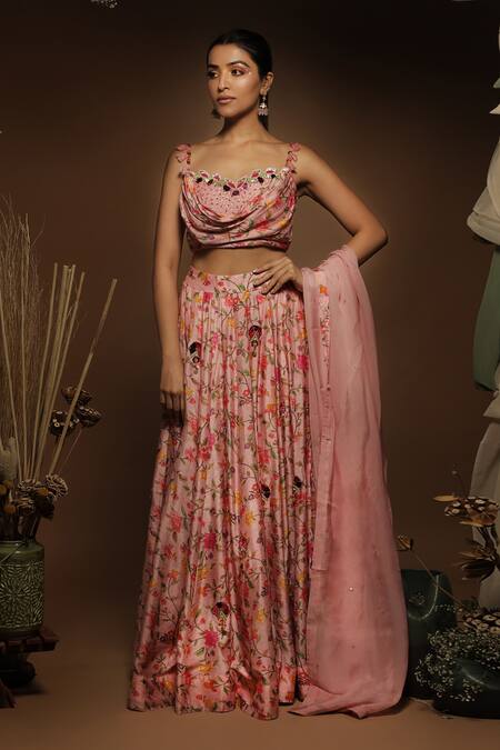 Shop Label NE'Chi Pink Silk, Linen Embroidery, Floral Pattern Cowl Draped Blouse Lehenga Set at Aza Fashions Shop_Label NE'Chi_Pink Silk, Linen Embroidery, Floral Pattern Cowl Draped Blouse Lehenga Set_at_Aza_Fashions
