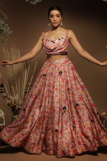 Label NE'Chi Pink Silk, Linen Embroidery, Floral Pattern Cowl Draped Blouse Lehenga Set Online at Aza Fashions Label NE'Chi_Pink Silk, Linen Embroidery, Floral Pattern Cowl Draped Blouse Lehenga Set_Online_at_Aza_Fashions