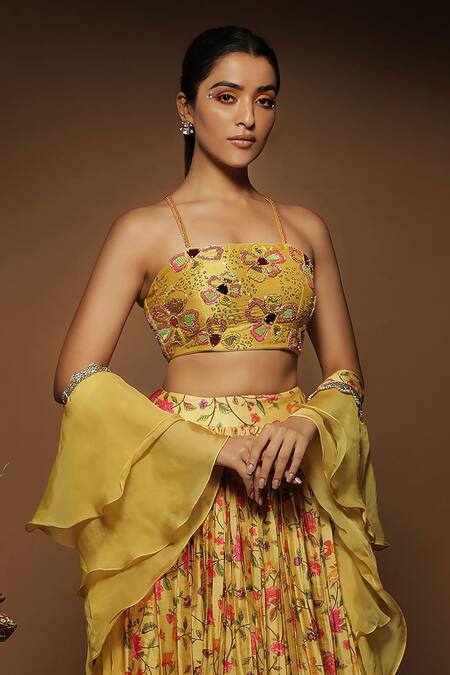 Shop Label NE'Chi Yellow Silk, Linen Mirrors, Floral Pattern Lehenga Set With Ruffle Dupatta at Aza Fashions Shop_Label NE'Chi_Yellow Silk, Linen Mirrors, Floral Pattern Lehenga Set With Ruffle Dupatta_at_Aza_Fashions