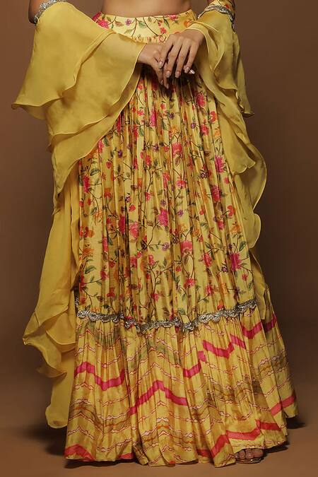 Label NE'Chi Yellow Silk, Linen Mirrors, Floral Pattern Lehenga Set With Ruffle Dupatta Online at Aza Fashions Label NE'Chi_Yellow Silk, Linen Mirrors, Floral Pattern Lehenga Set With Ruffle Dupatta_Online_at_Aza_Fashions